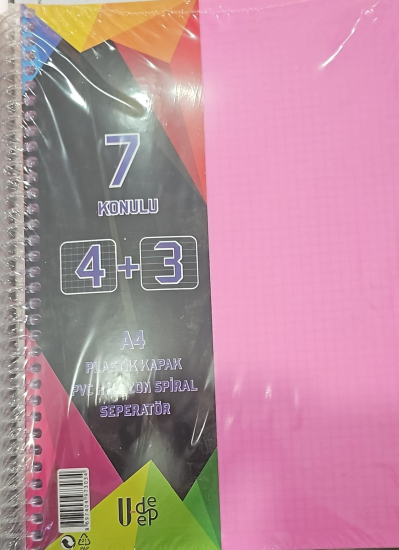 U-deep A4 Büyük Boy 175 Yaprak Ayraçlı Spiralli Plastik Kapaklı 4 Kareli + 3 Çizgili Defter