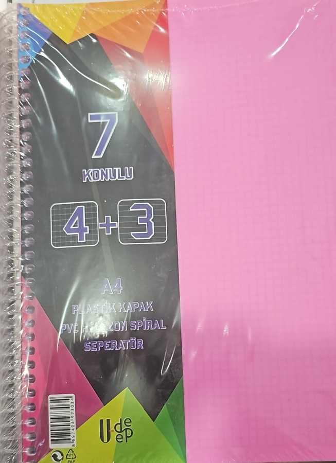 U-deep A4 Büyük Boy 175 Yaprak Ayraçlı Spiralli Plastik Kapaklı 4 Kareli + 3 Çizgili Defter