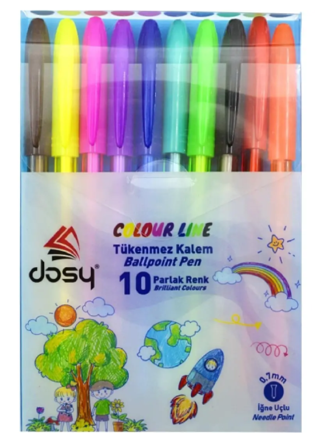 Dosy Colour Line İğne Uçlu Tükenmez Kalem 0.7 mm 10 Renk Paket